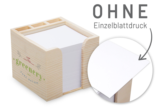Zettelbox aus echtem Holz mit Stifteköcher 10 x 10 x 8,5 cm Siebdruck - 1018140110