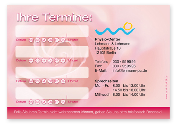 Terminzettel "zarte Rose" - 4 Termine mit Wochentagen - 1214010404