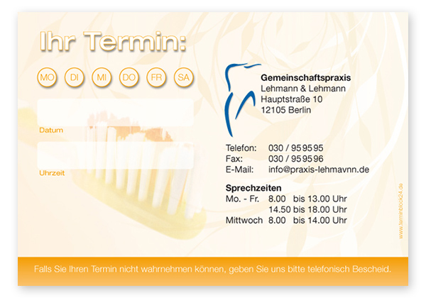 Terminzettel "Zahnbürste" - 1 Termin mit Wochentagen - 1214010126