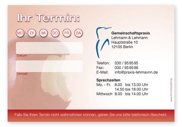 Terminzettel "bissfest" - 1 Termin mit Wochentagen - 1214010125
