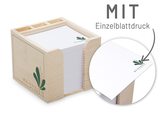 Zettelbox aus echtem Holz mit Stifteköcher 10 x 10 x 8,5 cm Siebdruck - 1018140111