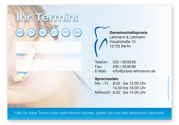 Terminzettel "healthy Smiles" - 1 Termin mit Wochentagen - 1214010124