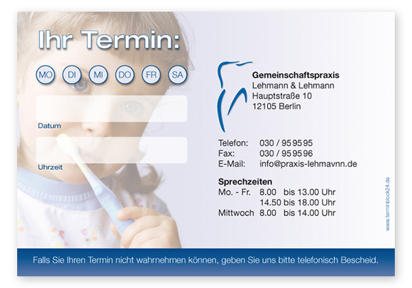 Terminzettel "gesundes Kind" - 1 Termin mit Wochentagen - 1214010123